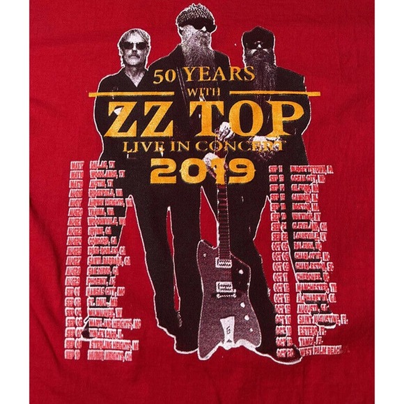 ZZ Top 2019 Concert Tee Mens 50th Anniversary Rock Band Tour T-Shirt Red - Picture 5 of 5
